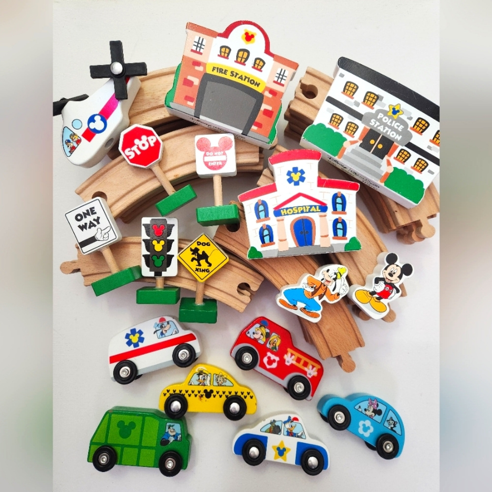 Disney Wooden Melissa & Doug Train Tracks and Disney Character Cars Trains